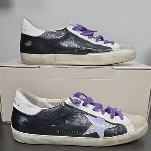 Golden Goose Black and White Sneakers with Purple Laces